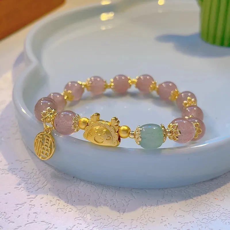 Women's floral glazed bracelet with zodiac animal charms and coloured glass beads