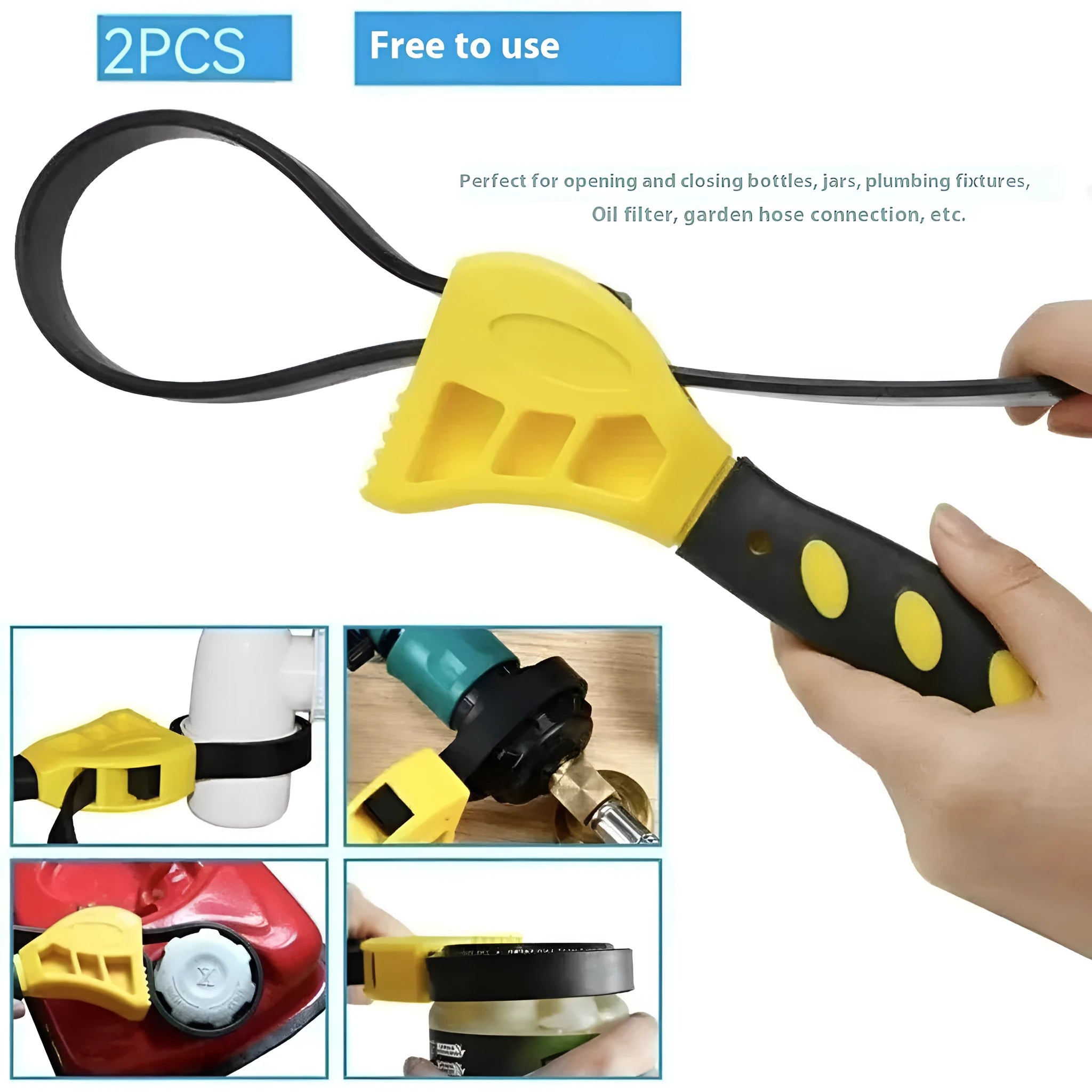 Two adjustable rubber strap wrenches, a 6-inch and an 8-inch model, for gripping oil filters and plumbing fixtures.