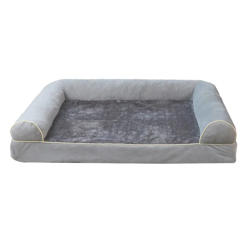 Square blue cloth dog bed with sponge filling for a large dog, showing its dimensions.