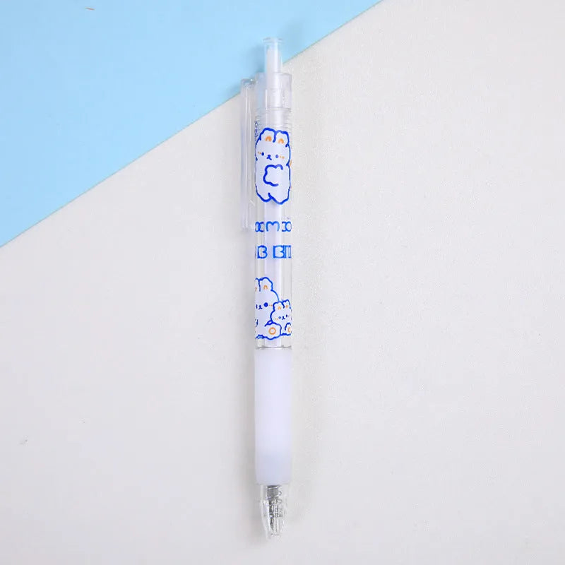 Set of six cute cream bear and rabbit character press pen knives on a white background.