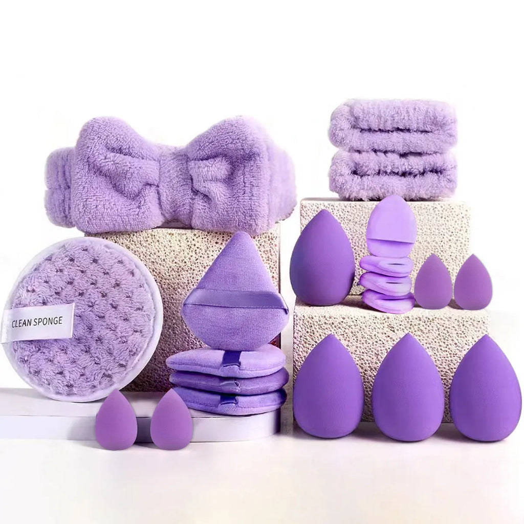 Beauty tools combination suit with hydrophilic non-latex sponge applicators in brown, pink and purple colours