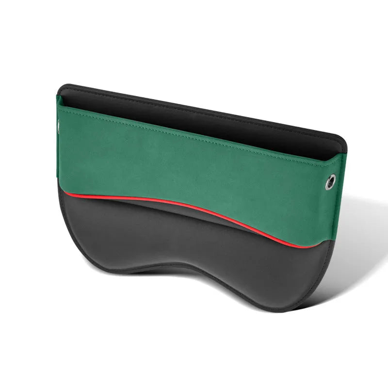 Leather car seat storage organiser box in a choice of five colours, shown on a vehicle seat.