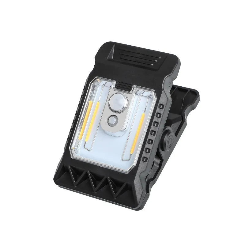Compact white ABS motion sensor clip lamp with LED light, shown clipped to a surface.