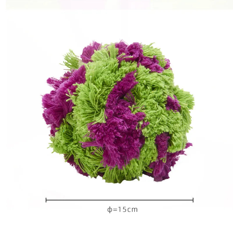 Purple plush dog ball toy with seaweed rope knots, 15cm diameter teething and interactive play toy
