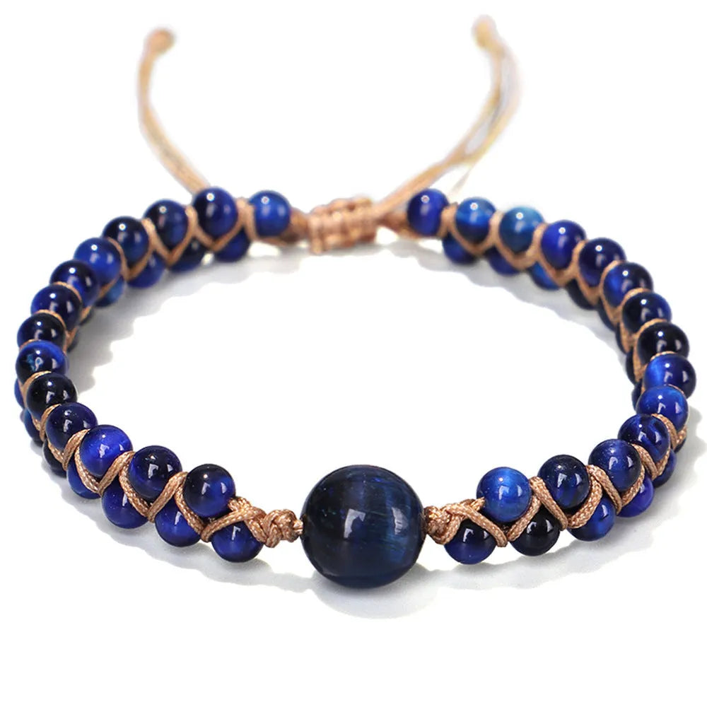 Handwoven geometric pull bracelet in blue tiger eye stone beads with adjustable closure