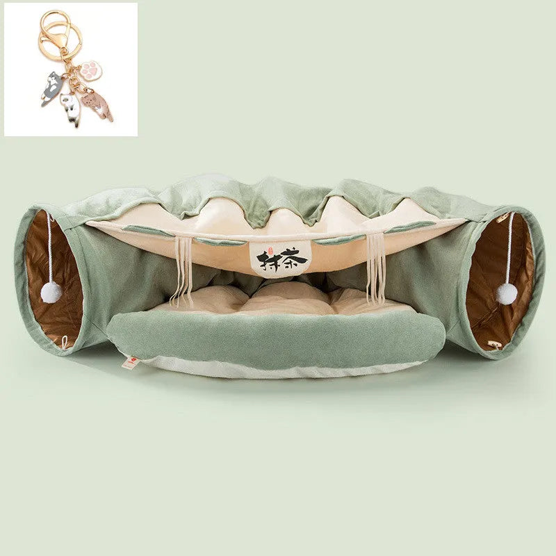 Collapsible cloth cat tunnel in a choice of colours, shown with dimensions 45cm by 50cm by 22cm.