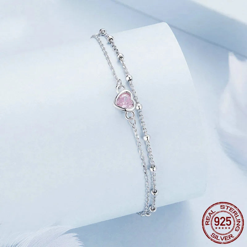 Sweet heart-shaped sterling silver 925 bracelet for women with 6mm pendant