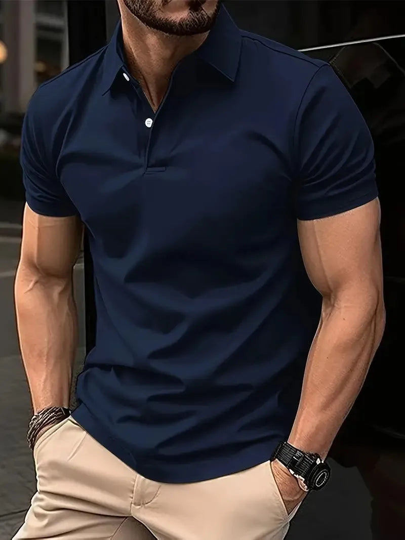 Men's slim fit casual short sleeve button-up shirt in a solid colour on a hanger.