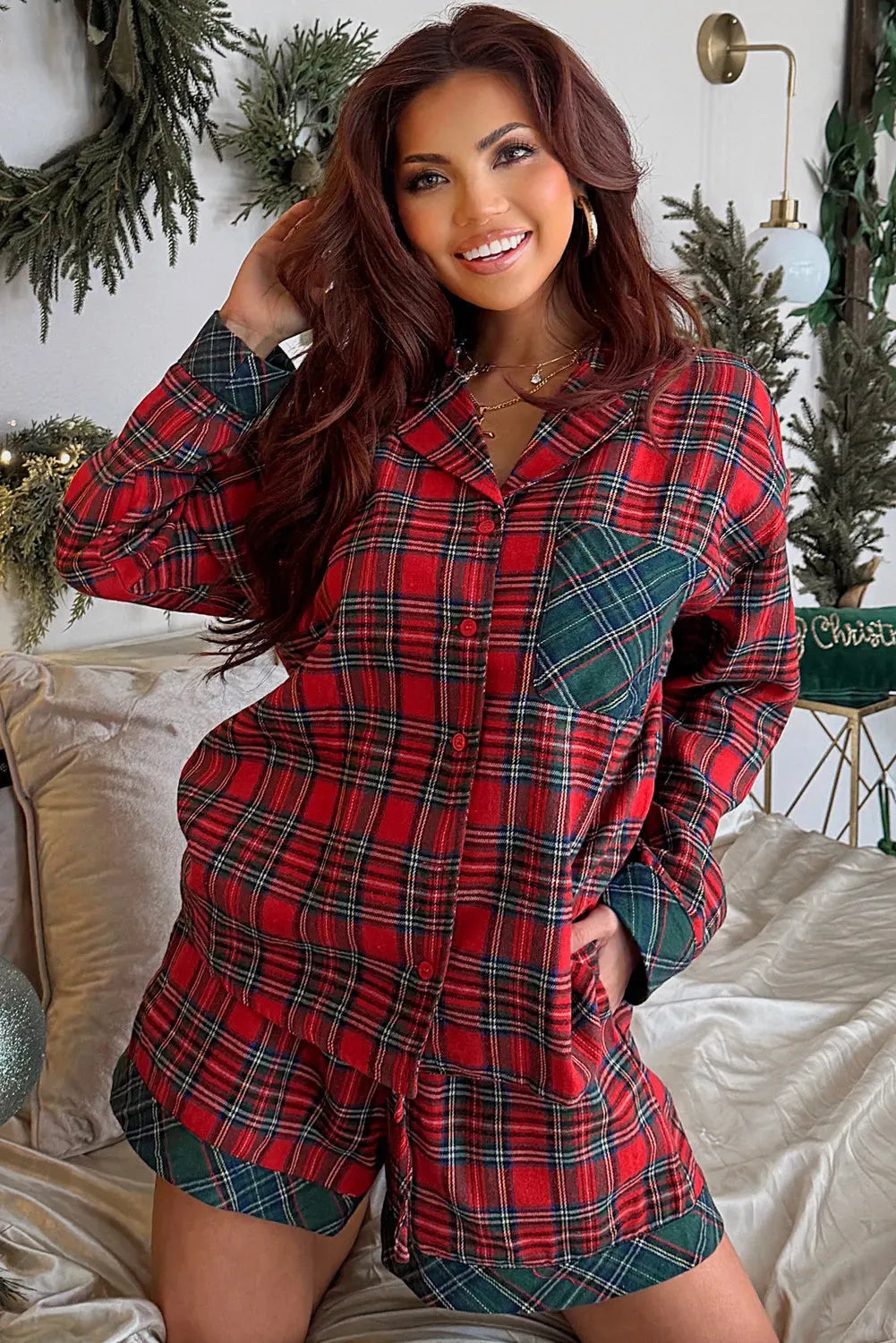 Red plaid contrast patched Christmas pyjama set with long sleeve shirt and matching shorts