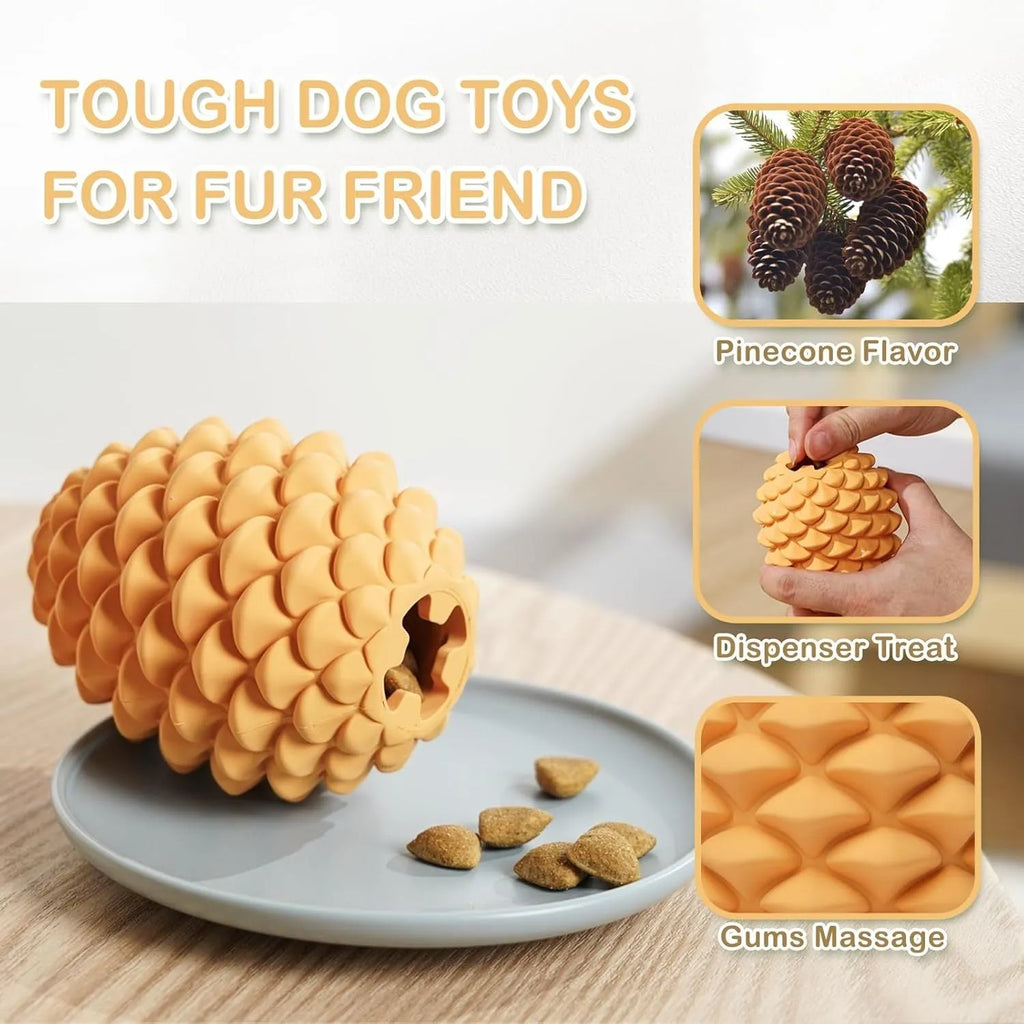 Yellow pine cone dog chew toy with treat dispenser hole for medium and large dogs