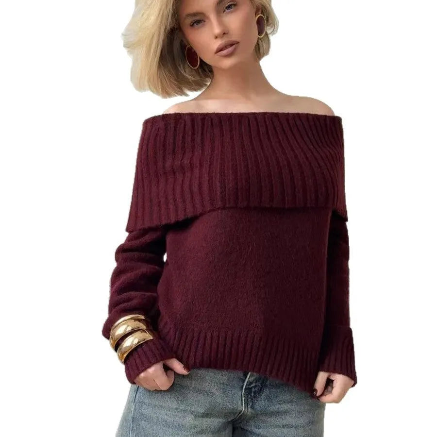 Off-the-shoulder strapless sweater with 3D pattern in grey, white, or wine red colours