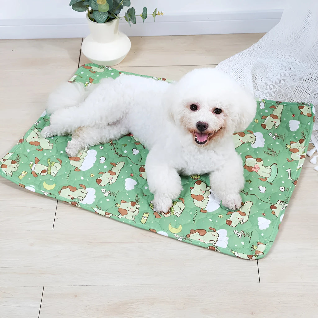 Reusable washable pet urine pad with animal print design and waterproof layer.
