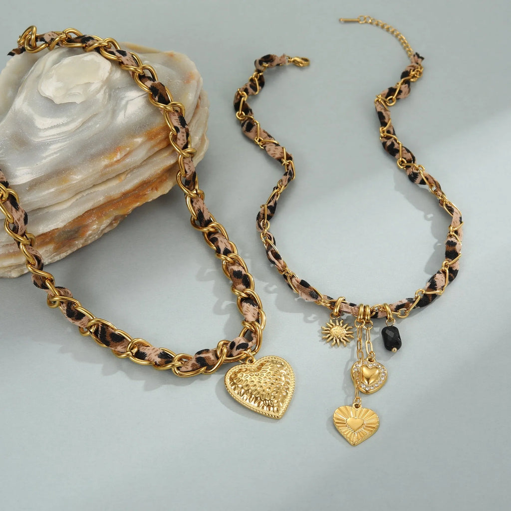 Stainless steel leopard love pendant necklace with 18K gold electroplating on adjustable chain