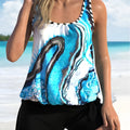 Blue tie-dye floral print women's two-piece swimsuit with high-waist briefs.