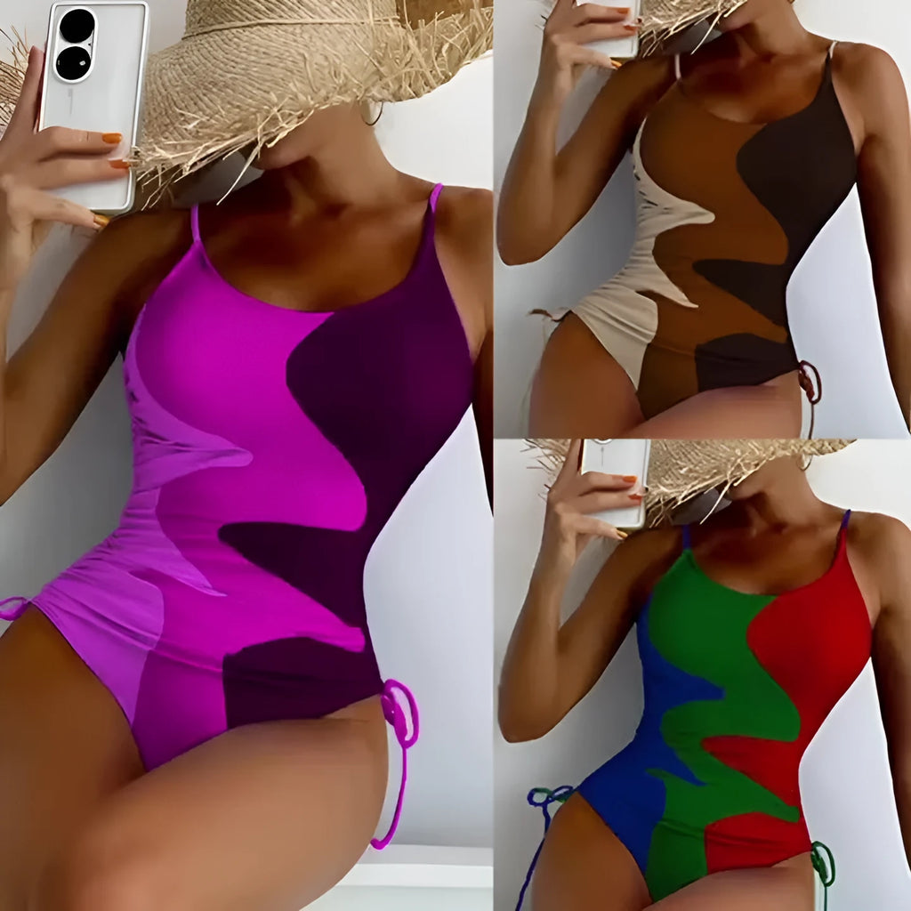 Women's sleeveless one-piece swimsuit in a striped print, showing backless design and available in multiple colours.