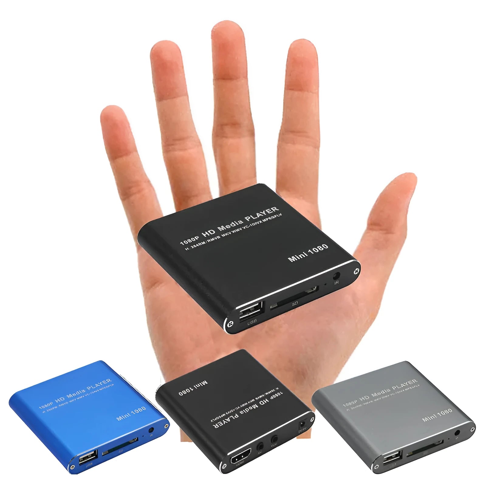 Compact blue and black all-metal 1080P Full HD media player with HDMI port for SD cards and USB drives.