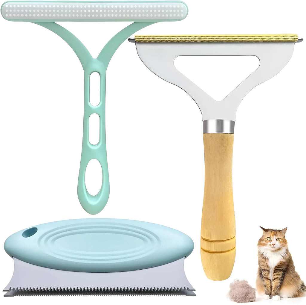 Three-piece pet hair remover set with metal tool, silicone brush, and round ABS/TPR cleaner on a carpet.