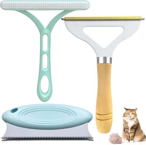 Three-piece pet hair remover set with metal tool, silicone brush, and round ABS/TPR cleaner on a carpet.