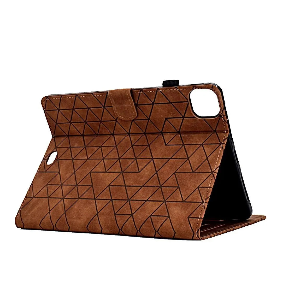 Leather tablet case for iPad Pro 11 with card slot and folded-out kickstand, shown in diamond black finish.