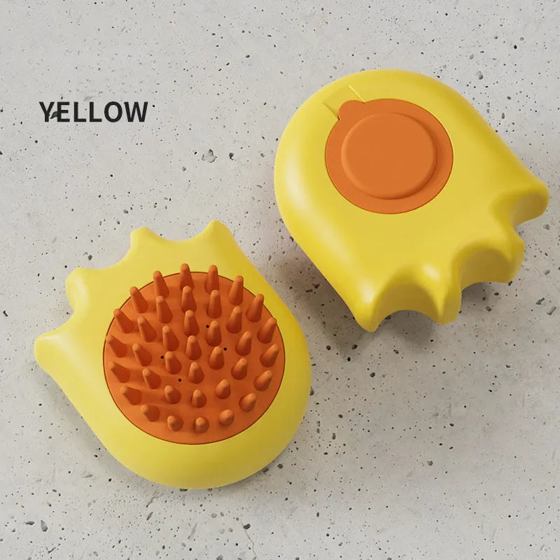 Plastic pet bath brush with built-in shampoo box measuring 9cm long