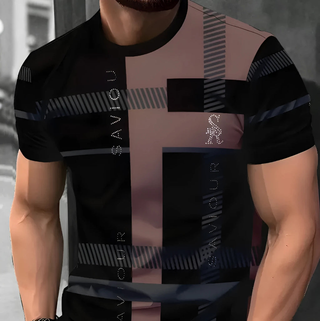 Men's loose fit short-sleeved T-shirt with digital 3D printed stripes pattern, available in multiple colours and sizes up to 5XL.