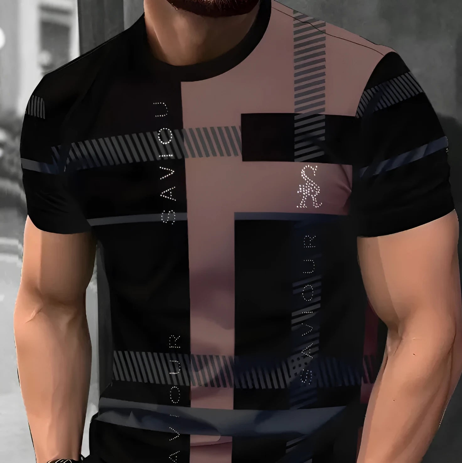 Men's loose fit short-sleeved T-shirt with digital 3D printed stripes pattern, available in multiple colours and sizes up to 5XL.