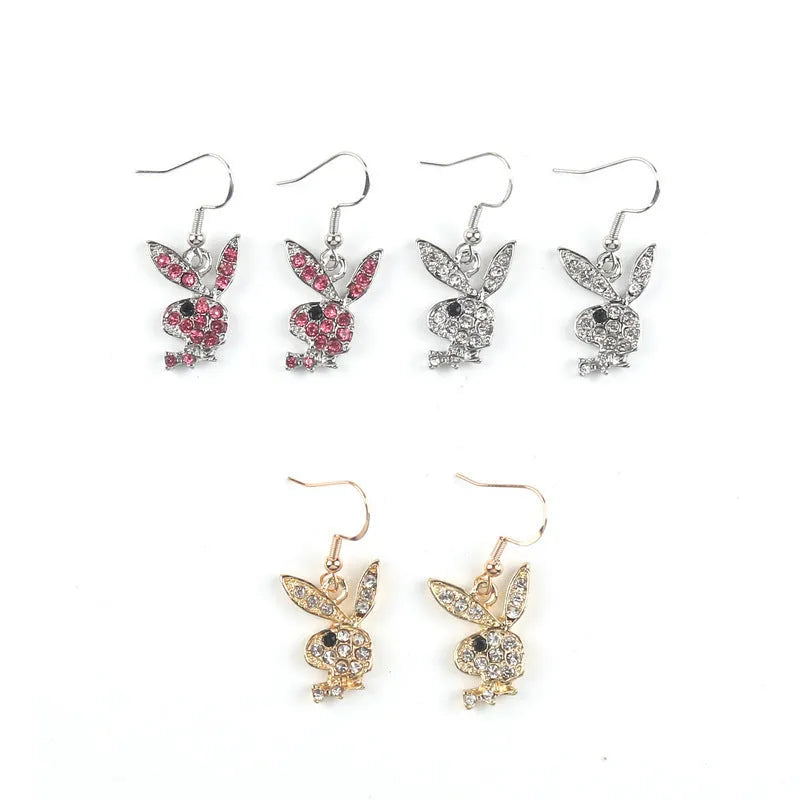 Full diamond pavé rabbit stud earrings in gold, pink, or silver colours