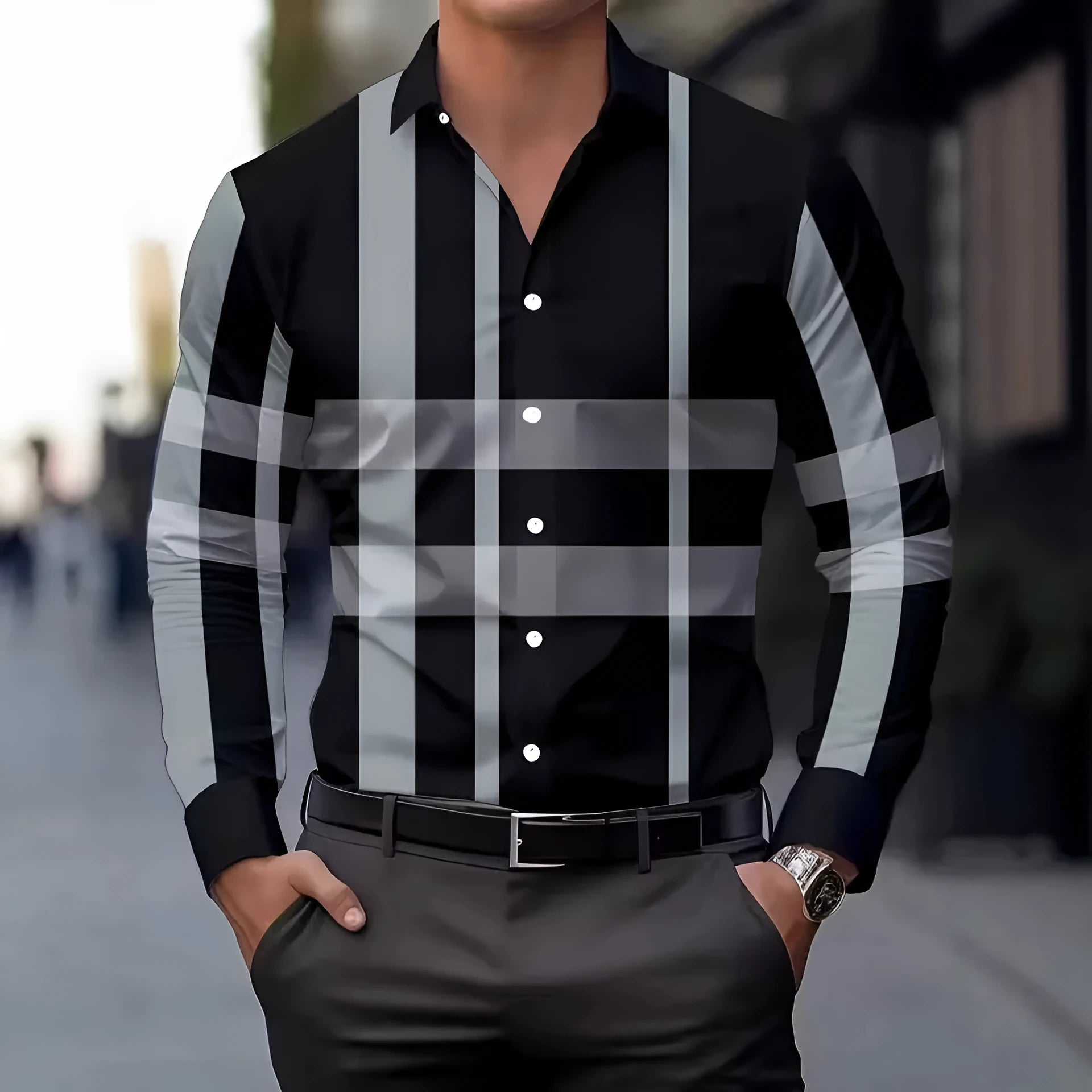 Men's striped long sleeve button-down shirt in polyester, shown in one of four available colours.