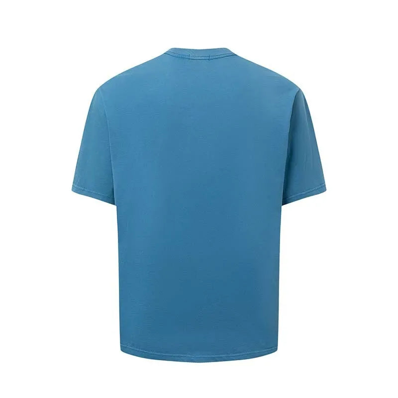 Men's blue American-style letter print loose fit cotton blend T-shirt on a hanger.