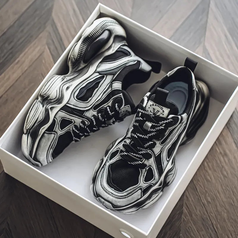 Men's black mesh sneakers with platform sole and cross-strap detailing for height increase and sports activities