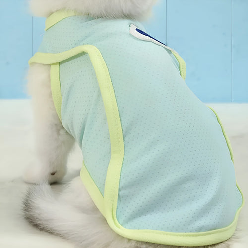 Cat wearing thin polyester summer vest in grass green colour