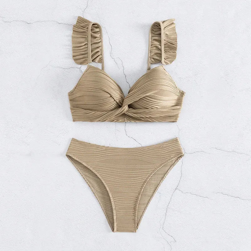 Women's solid colour bikini swimsuit set shown in black and khaki options.