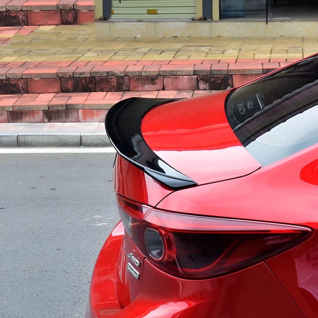 Bright black tail trim spoiler blade for Mazda 3 Axela and Exela car model.