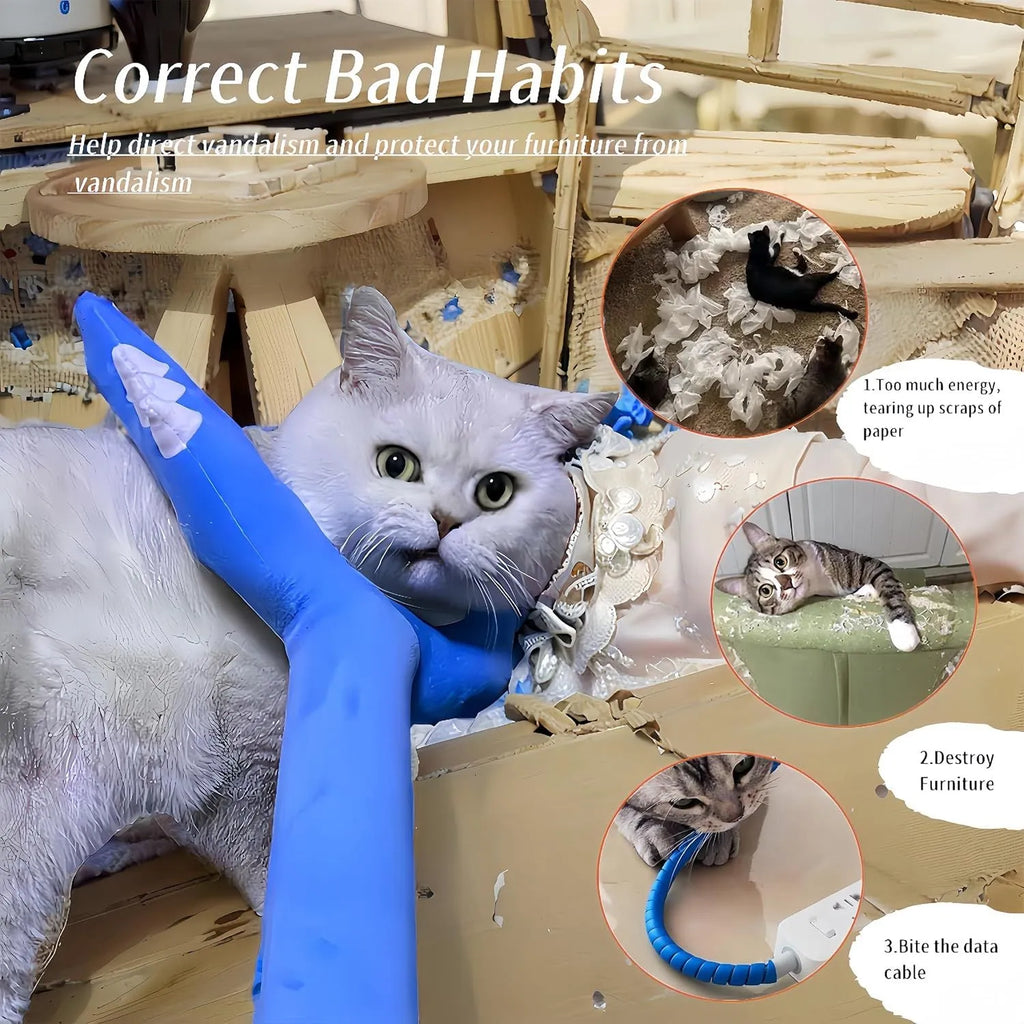 70cm blue plush cat wand toy with foam-filled head for indoor cat play