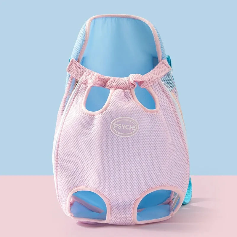 Cartoon cute chest bag pet carrier with animal pattern, soft canvas construction, and colourful stitching details