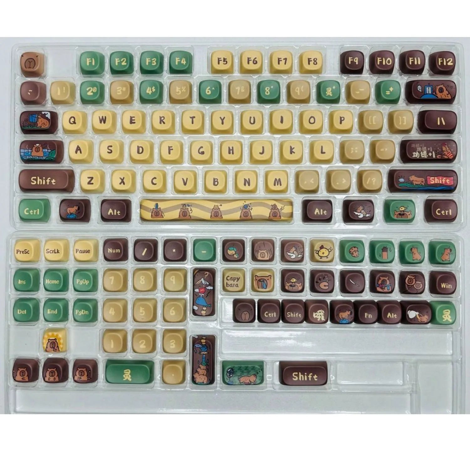 Capabala PBT mechanical keyboard keycap set showing 130 colourful keycaps with clear printed legends