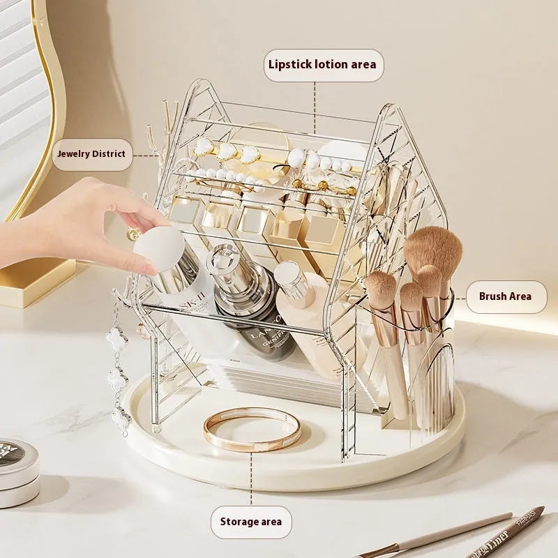 Rotating cosmetics storage box with 360-degree rotation in clear and amber gold plastic