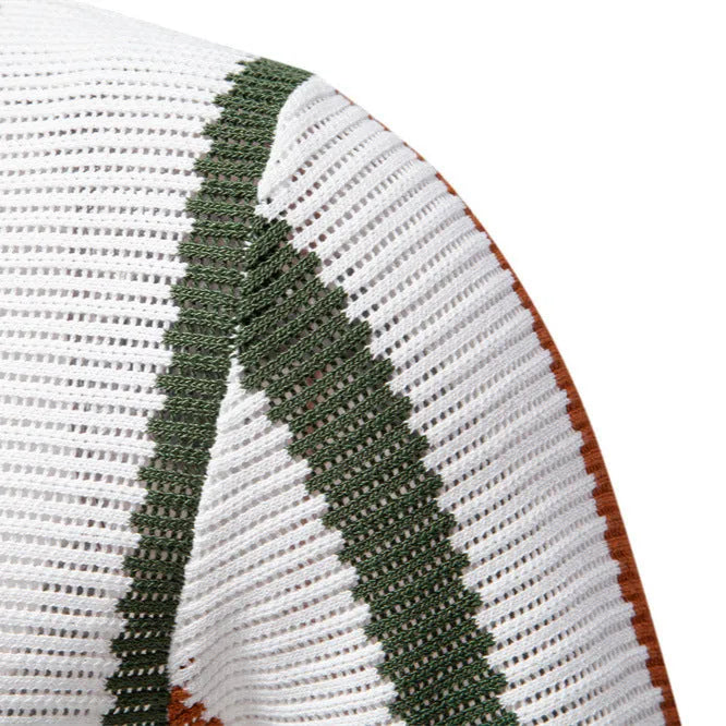 Men's striped short-sleeved polo shirt in breathable hollow knit fabric, shown in light blue colour with mosaic detail.