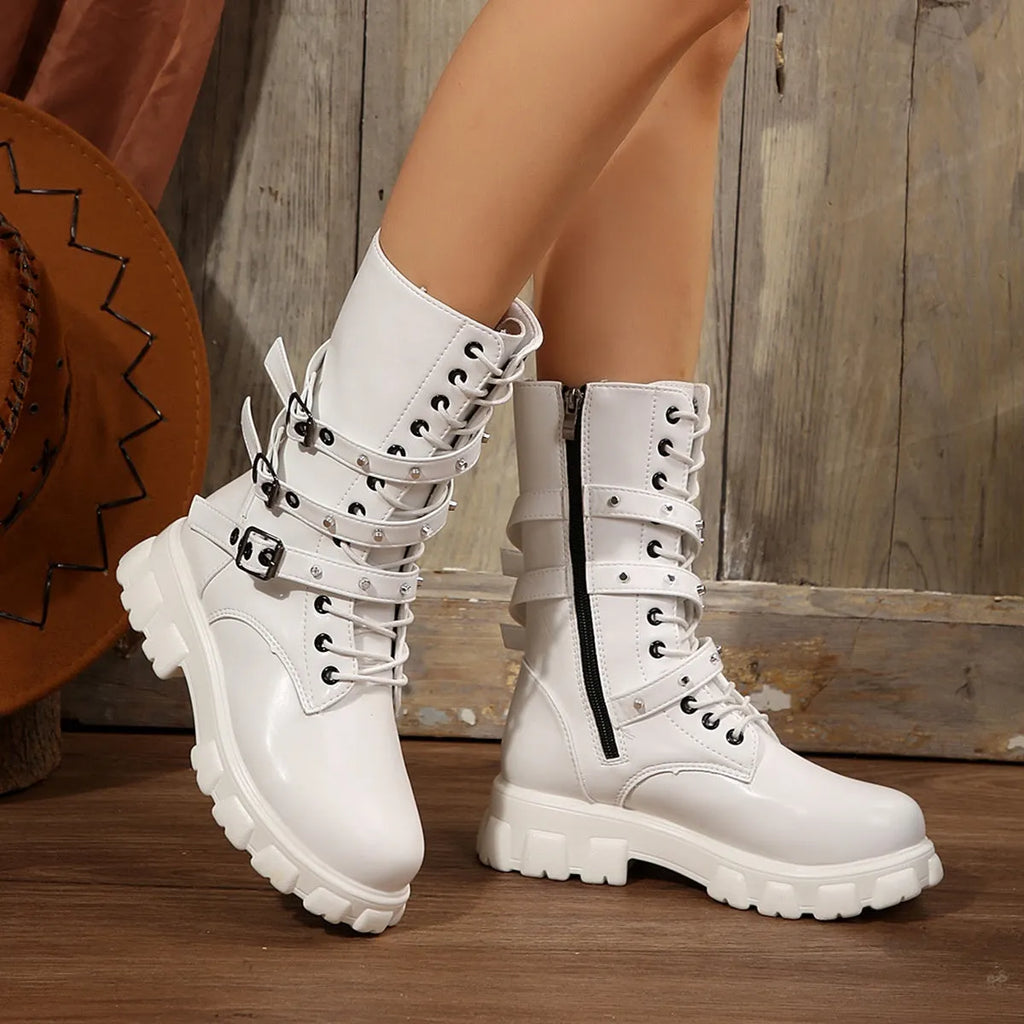 Women's black mid-calf knight boots with metal buckle and side zipper detail