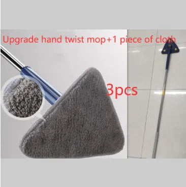Blue triangular cleaning mop with 360-degree rotating head and adjustable stainless steel pole extended for use