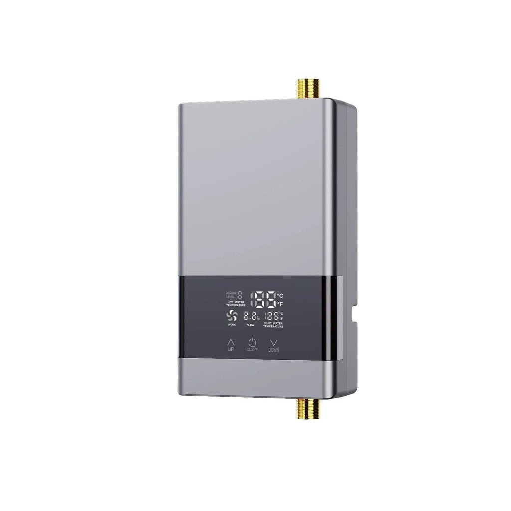 Wall-mounted instant electric water heater with LED touch screen display in a choice of colours.