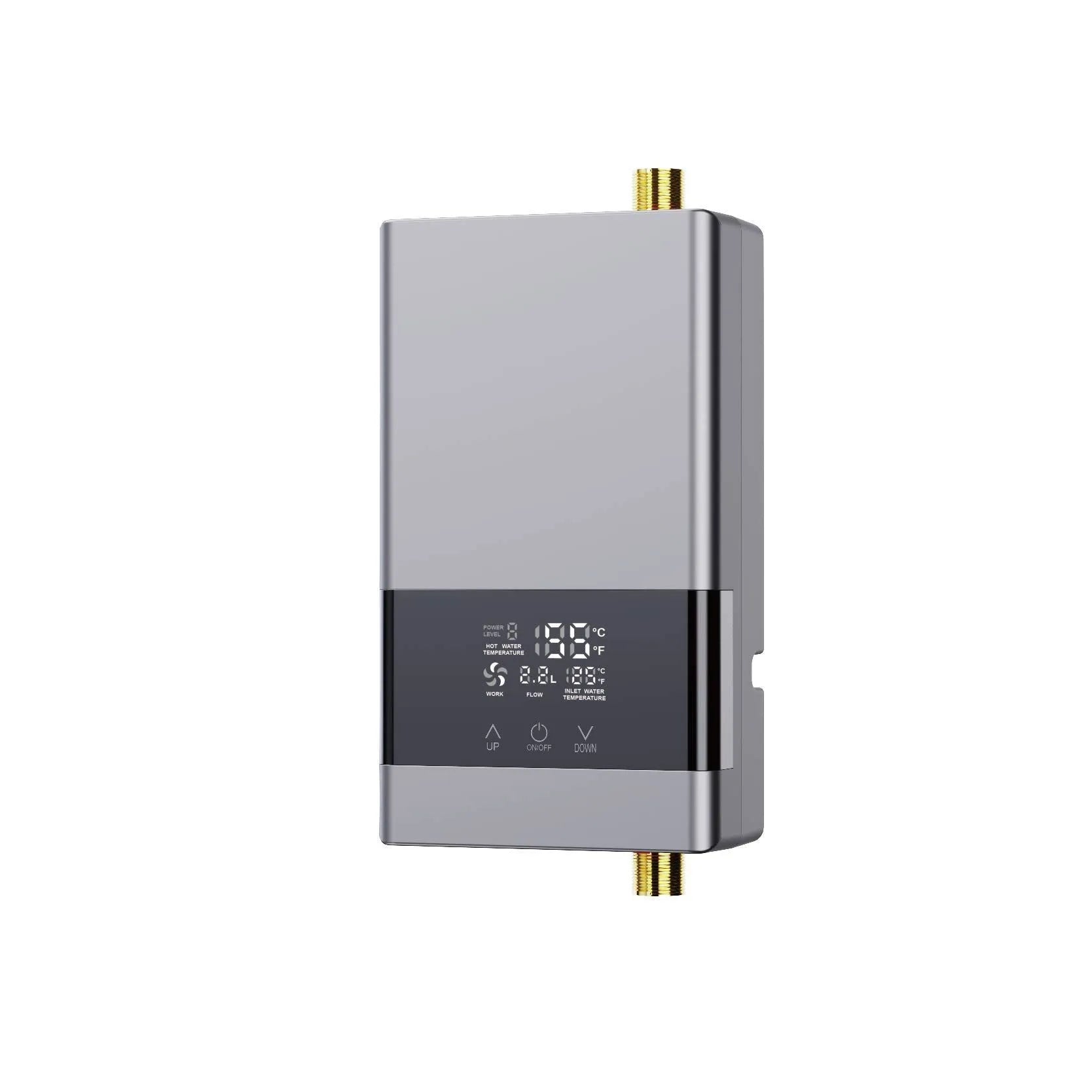 Wall-mounted instant electric water heater with LED touch screen display in a choice of colours.