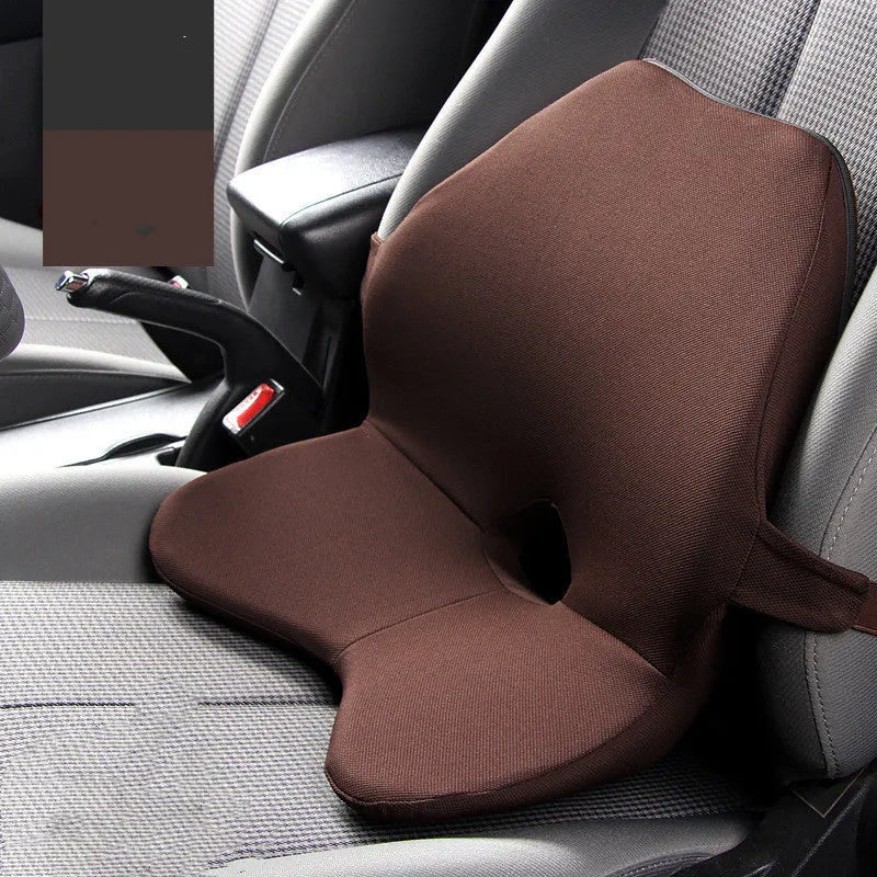 Memory foam car seat cushion set showing waist pad and headrest in neutral colours