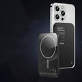 Black and titanium gold magnetic wireless power bank with an alloy shell.
