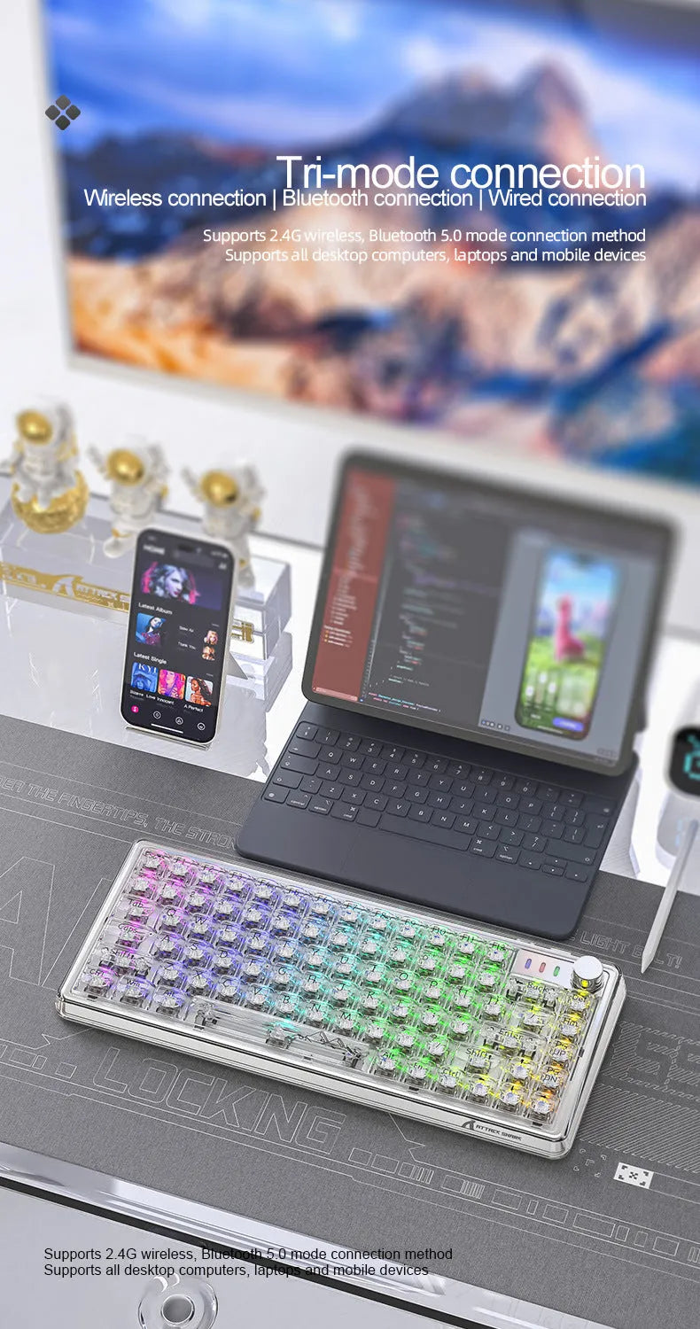 Attack Shark K75RGB wireless mechanical keyboard with transparent black or white PC case and RGB lighting.