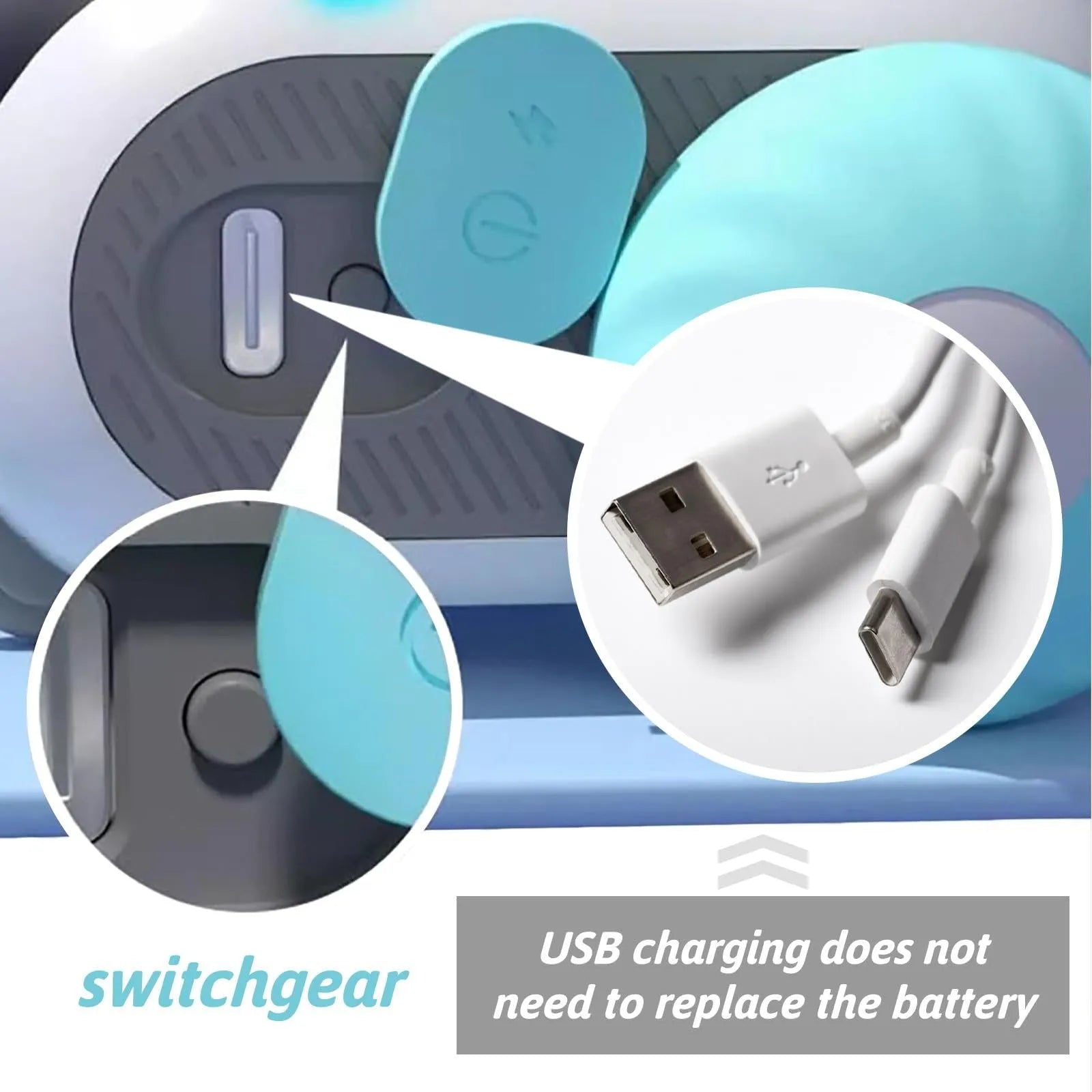 Blue remote control toy car for cats with feather teaser attachment on USB charging cable