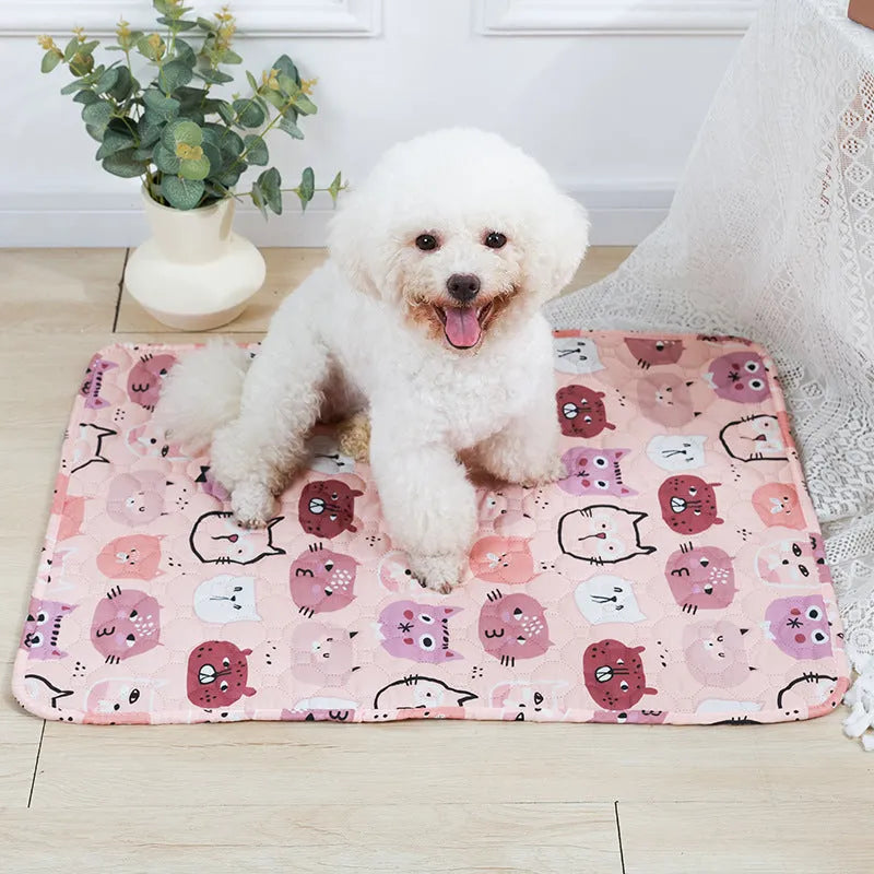 Reusable washable pet urine pad with animal print design and waterproof layer.