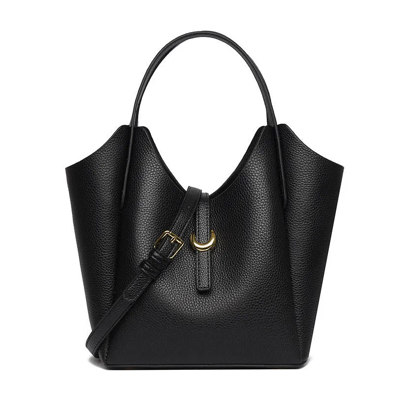Genuine leather women's bucket bag in European retro style with hand holding strap
