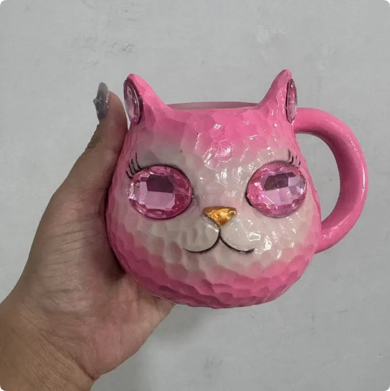 Handcrafted American style resin decorative cat cup ornament in purple, green, blue, or pink colour