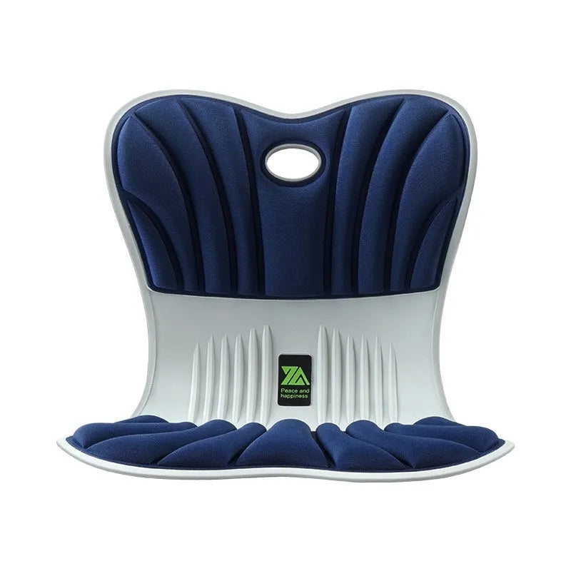 Gray ergonomic office seat cushion with integrated waist support design on wooden chair